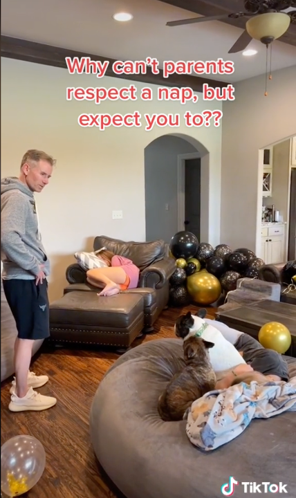 Billy in his house making a lot of noise as his daughter naps on the couch.