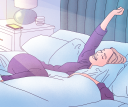 A women stretching in bed hugging a pillow to her side with one arm and the other reaching upward.