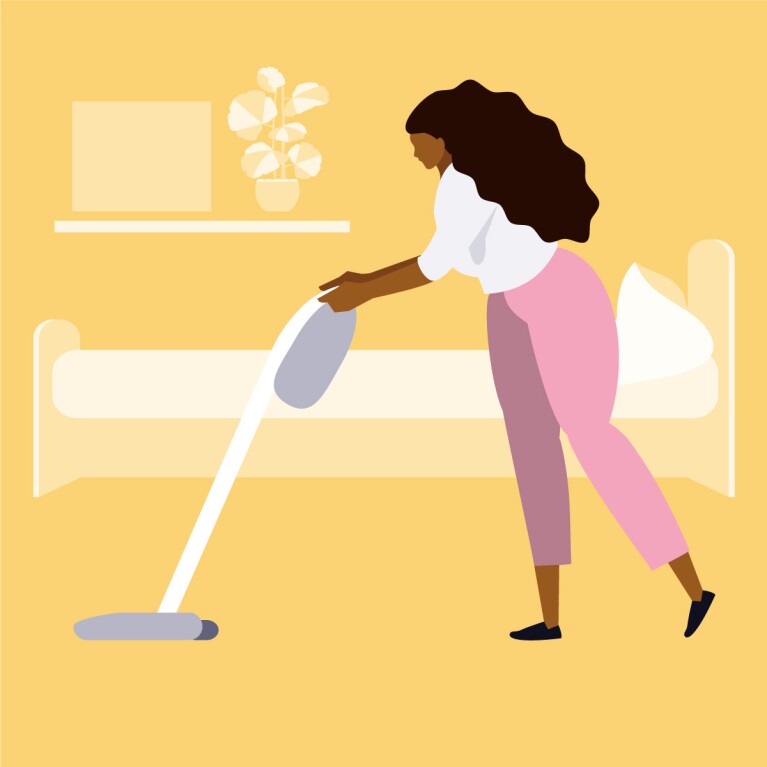 Illustration of a woman vacuuming her bedroom for spring cleaning