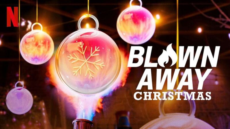 Cover art for the show Blown Away: Christmas, displaying decorative holiday ornaments.