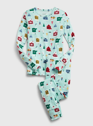 A pair of matching family Christmas pajamas in a holiday-themed print.