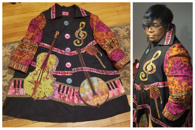 A composite photo of Glendora Simonson's quilted jacket. It features music notes, piano keys, and banjos. This is one of many quilt designs by African American artists.