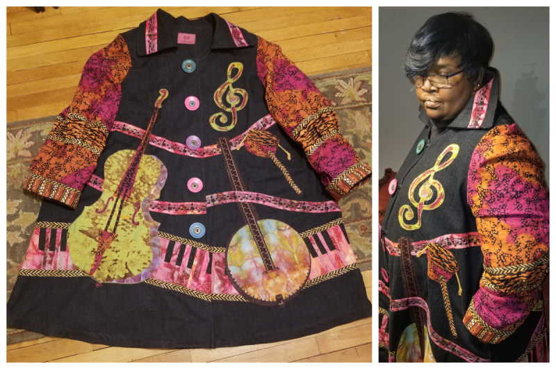 A composite photo of Glendora Simonson's quilted jacket. It features music notes, piano keys, and banjos. This is one of many quilt designs by African American artists. 