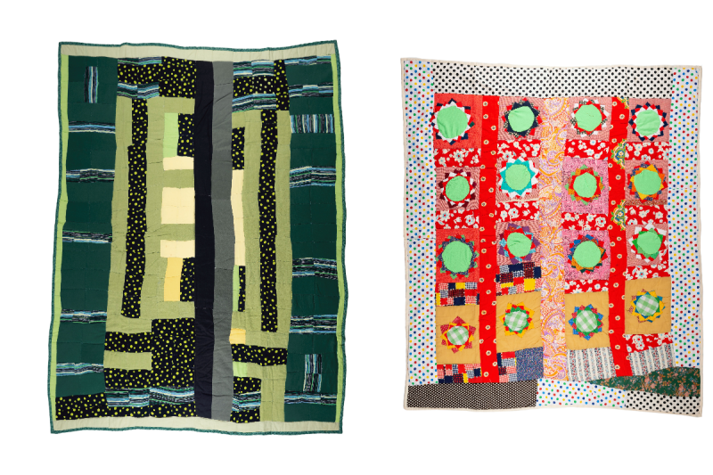 Left: This quilt, Blocks and Strips, is by African American quilt artist Sally Mae Pettway of Gee's Bend, Alabama. It was created in 2003 and is currently on exhibit at the Blanton Museum of Art, The University of Texas at Austin. Right: This quilt, Sixteen-block "Pine Burr," by Arie Pettway also comes from Gee's Bend, Alabama.