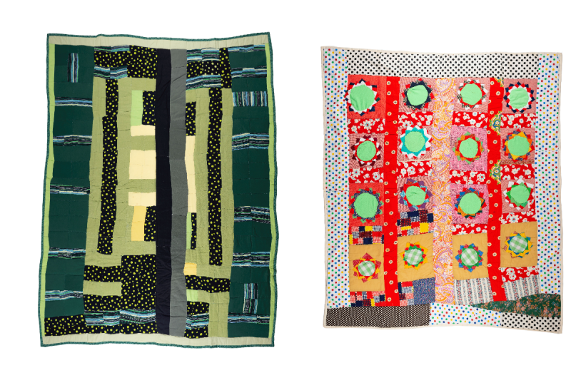 Left: This quilt, Blocks and Strips, is by African American quilt artist Sally Mae Pettway of Gee's Bend, Alabama. It was created in 2003 and is currently on exhibit at the Blanton Museum of Art, The University of Texas at Austin. Right: This quilt, Sixteen-block "Pine Burr," by Arie Pettway also comes from Gee's Bend, Alabama. 