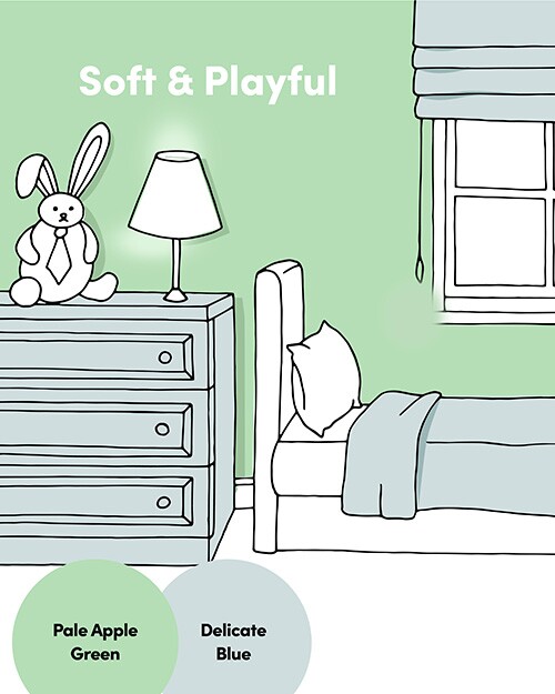 An illustration depicting a bedroom with the paint colors pale apple green and delicate blue. These are some of the best bedroom paint colors for sleep and relaxation. 