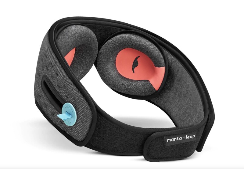 manta sleep mask with blue headphones and red eye cups