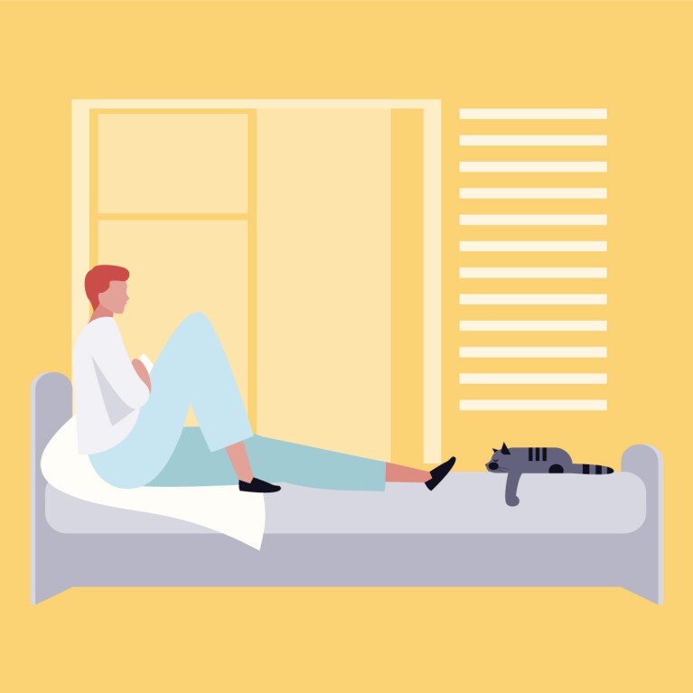 Illustration of a man sitting on his mattresses with his cat