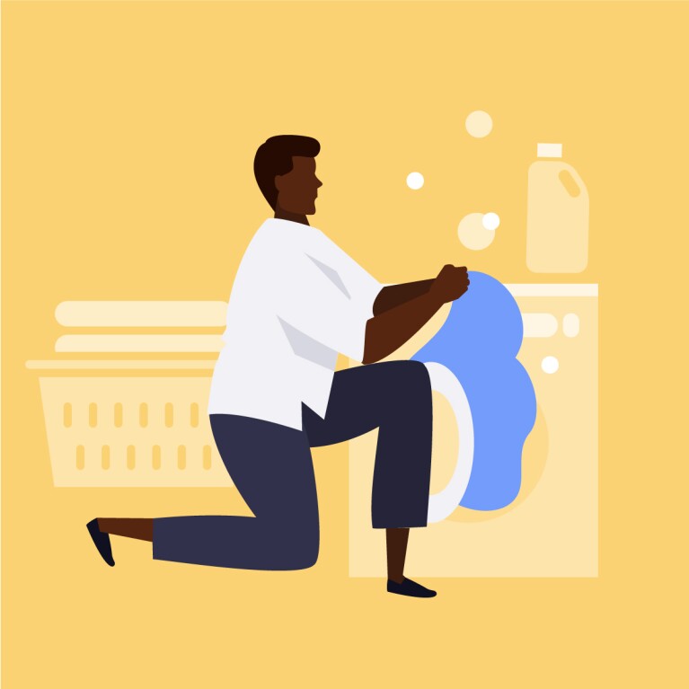 Illustration of a man washing bedding for spring cleaning