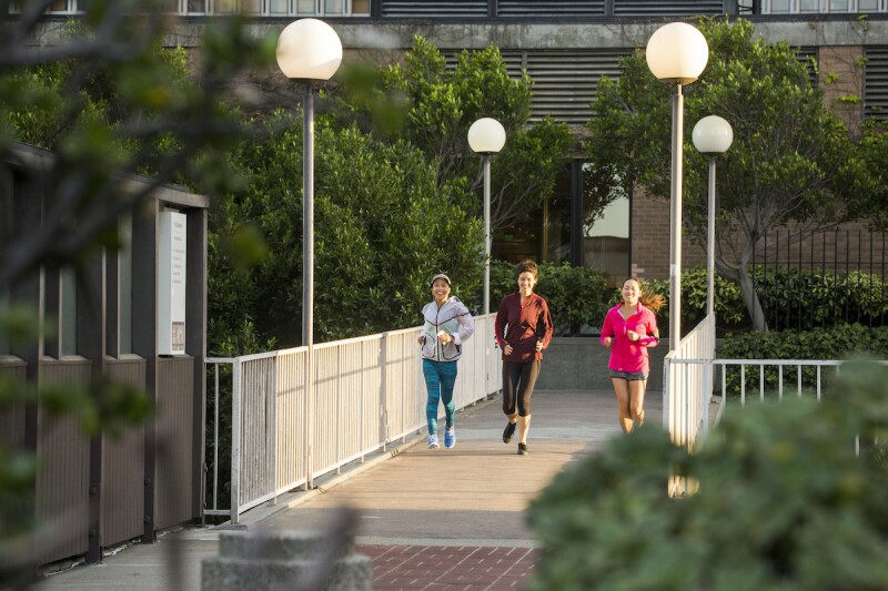 Three college students running in the morning to help sync sleep schedule