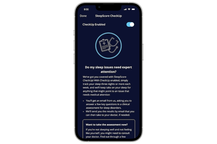 Screenshot of a SleepScore Check Up