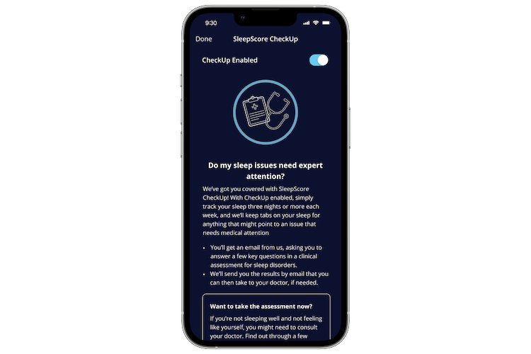Screenshot of a SleepScore Check Up 