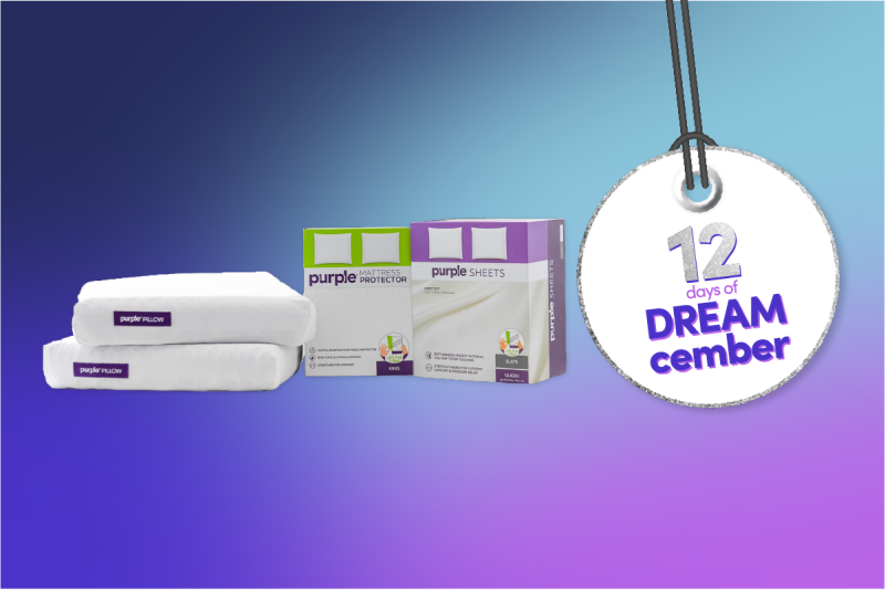 DREAMcember graphic showing the Purple sleep bundle, a holiday gift for sleep and relaxation.