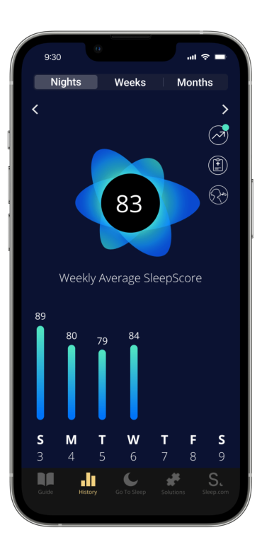 Sleep.com app screen showing a week of sleep history