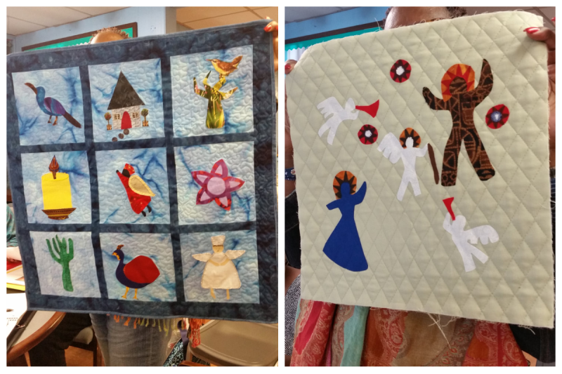 A composite of biblical quilts by African American quilt artists. Each patch feature a different biblical iconography.