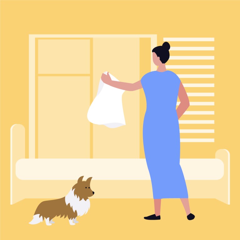 Illustration of a woman changing her pillow for spring cleaning
