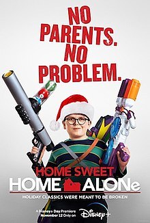 Cover art for Home Sweet Home Alone, with a child wearing a Santa hat and holding toy guns. A great family Christmas movie.