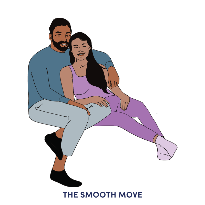 A graphic illustration depicting a couple in the Smooth Move cuddling position. Cuddling positions like these are a great way to build intimacy before sleep with your partner. 