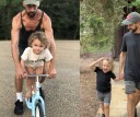 BMX rider Terry Adams with his son Ledge. L: Adams showing Ledge how to ride a bike. R: Adams and Ledge happily holding hands as they go for a walk.