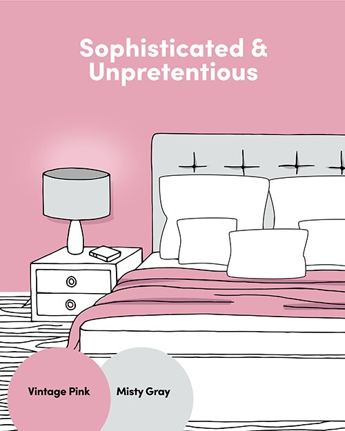 An illustration depicting a bedroom painted with colors vintage pink and misty gray. These are great colors for creating a relaxing sleep space.