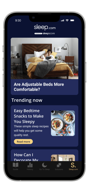 Sleep.com app screen showing two articles in the content library.