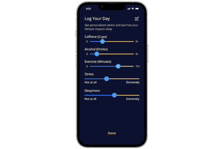 Screenshot of "Log Your Day" feature for Sleepscore