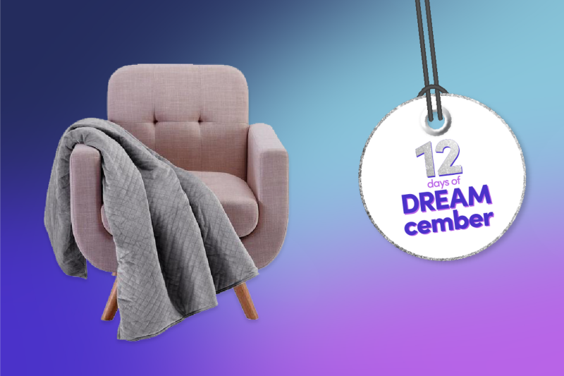 DREAMcember graphic showing the Blanquil passport travel weighted blanket.